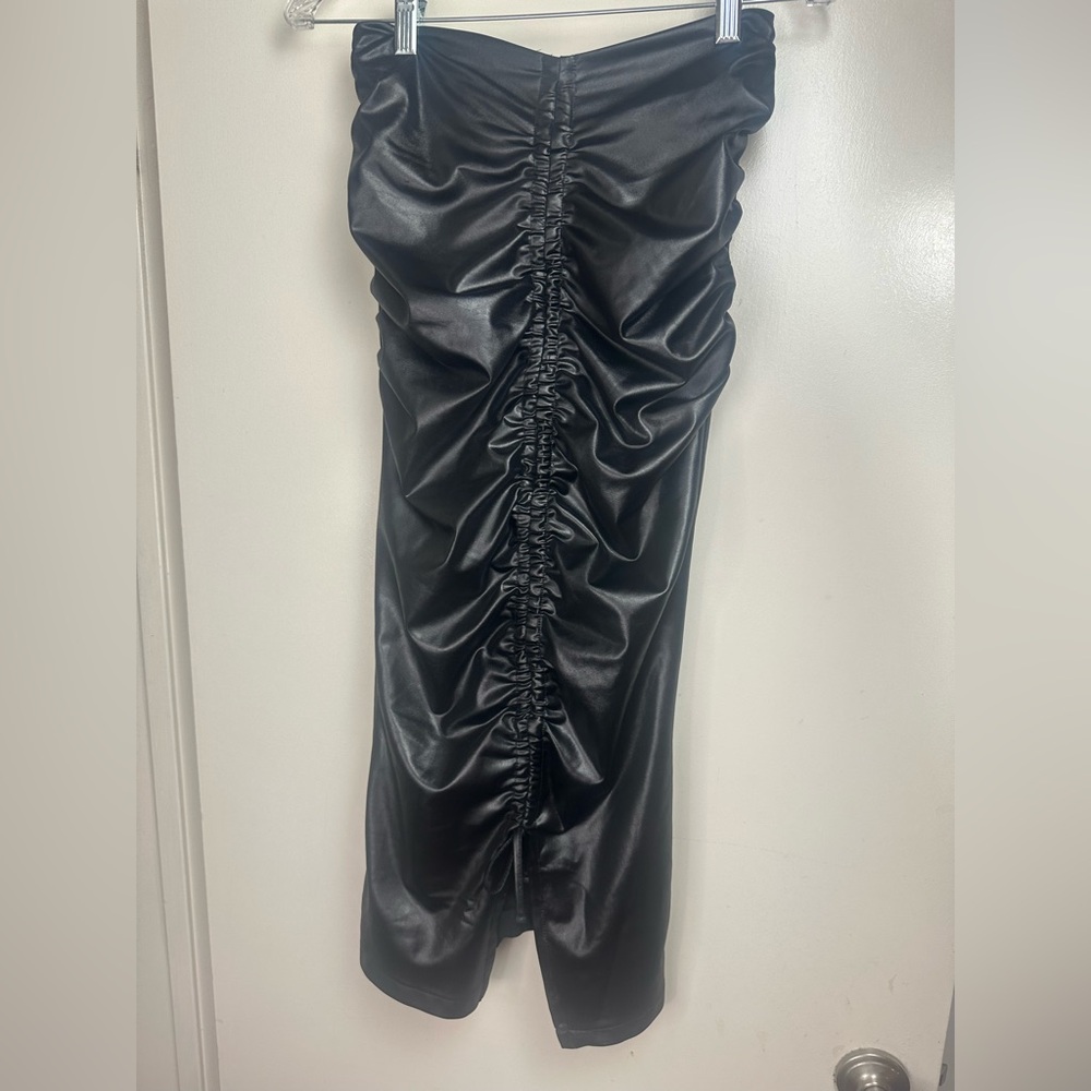 Club L London Black Glossy Faux Vegan Leather Look Ruched Tie Sexy Skirt? NWOT 4